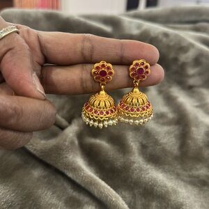 Elegant Gold and Pink Jhumka Earrings